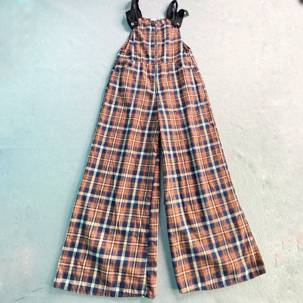Luukse Plaid Jumpsuit Overalls Women’s Small Wide Leg Boho Earthy Grunge